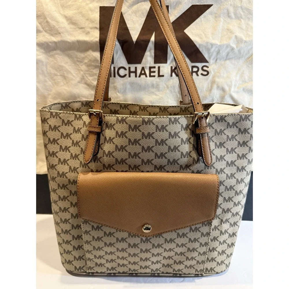 Michael Kors Jet Set Signature MK Logo Tote Bag Beige Brown Large Gold Hardware